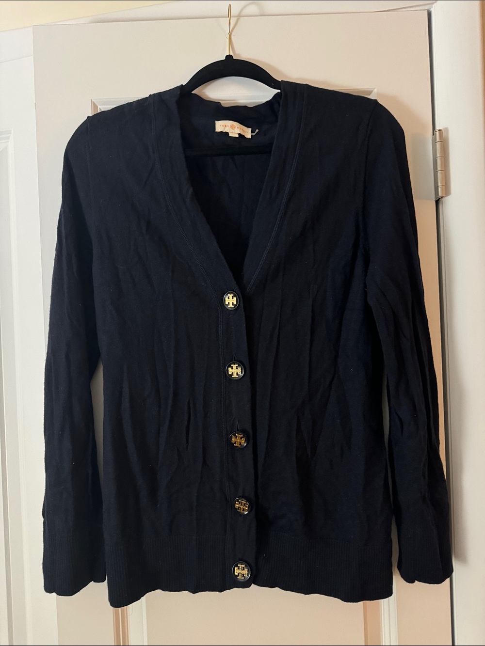 Navy Button-Front Cardigan with Logo Buttons